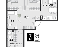 Продается 3-комнатная квартира ЖК Парк Победы 2, литера 20, 92.7  м&sup2;, 13135590 рублей