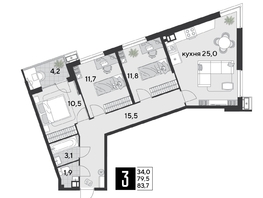 Продается 3-комнатная квартира ЖК Парк Победы 2, литера 21, 83.7  м², 11667780 рублей