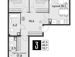 Продается 3-комнатная квартира ЖК Парк Победы 2, литера 30, 92.7  м&sup2;, 13042890 рублей