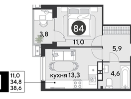 Продается 1-комнатная квартира ЖК Парк Победы 2, литера 6, 38.6  м², 7202760 рублей