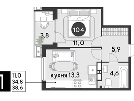 Продается 1-комнатная квартира ЖК Парк Победы 2, литера 6, 38.6  м², 7407340 рублей