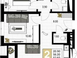 Продается 2-комнатная квартира ЖК На Высоком берегу, 57.6  м², 15264000 рублей