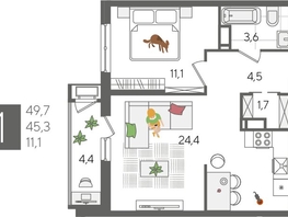 Продается 1-комнатная квартира ЖК Рекорд 2, литера 4, 49.7  м², 10432030 рублей