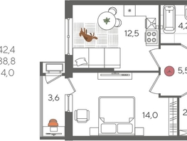 Продается 1-комнатная квартира ЖК Рекорд 2, литера 1, 42.4  м&sup2;, 10171760 рублей