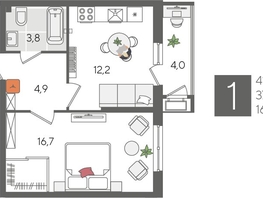 Продается 1-комнатная квартира ЖК Рекорд 2, литера 1, 41.6  м&sup2;, 9888320 рублей