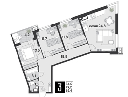 Продается 3-комнатная квартира ЖК Парк Победы 2, литера 21, 83.4  м&sup2;, 11926200 рублей
