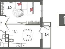 Продается 1-комнатная квартира ЖК Рекорд 2, литера 6, 41.6  м&sup2;, 10058880 рублей