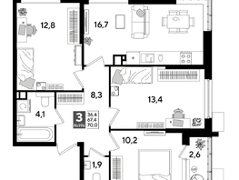 Продается 3-комнатная квартира ЖК ДОГМА ПАРК, лит 17, 68.8  м&sup2;, 10244320 рублей