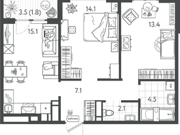 Продается 2-комнатная квартира ЖК Все Свои ВИП, литер 7, 58.45  м&sup2;, 16366000 рублей