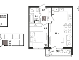Продается 1-комнатная квартира ЖК Рекорд 2, литера 3, 47.4  м&sup2;, 12191280 рублей