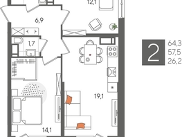 Продается 2-комнатная квартира ЖК Рекорд 2, литера 5, 64.3  м&sup2;, 14043120 рублей