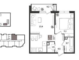 Продается 1-комнатная квартира ЖК Рекорд 2, литера 6, 48.8  м&sup2;, 11199600 рублей