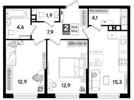 Продается 2-комнатная квартира ЖК ДОГМА ПАРК, литера 15, 58.5  м&sup2;, 9670050 рублей