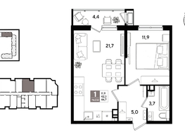 Продается 1-комнатная квартира ЖК Рекорд 2, литера 1, 46.1  м&sup2;, 11027120 рублей