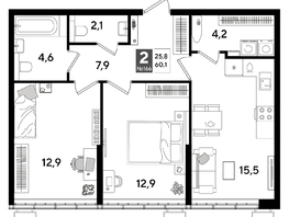 Продается 2-комнатная квартира ЖК ДОГМА ПАРК, литера 15, 59.4  м&sup2;, 9753480 рублей