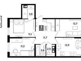 Продается 3-комнатная квартира ЖК ДОГМА ПАРК, литера 21, 76  м&sup2;, 11696400 рублей