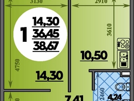 Продается 1-комнатная квартира ЖК Молодежный 2, литера 14, 38.67  м&sup2;, 5471805 рублей