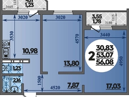 Продается 2-комнатная квартира ЖК Молодежный 2, литера 6, 56.08  м&sup2;, 7531544 рублей