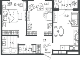 Продается 2-комнатная квартира ЖК Все Свои ВИП, литер 7, 58.6  м&sup2;, 12306000 рублей