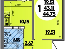 Продается 1-комнатная квартира ЖК Восточный, литер 52, 44.75  м&sup2;, 6042000 рублей