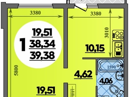 Продается 1-комнатная квартира ЖК Восточный, литер 52, 39.38  м&sup2;, 5896000 рублей
