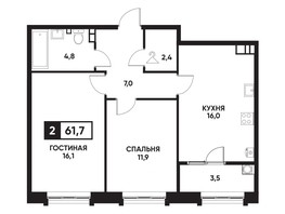 Продается 2-комнатная квартира ЖК Кварталы 17/77, литер 4.4, 61.7  м², 5682570 рублей