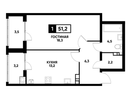 Продается 1-комнатная квартира ЖК Кварталы 17/77, литер 10.1, 51.2  м², 4945920 рублей