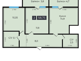 Продается 2-комнатная квартира ЖК Атмосфера, б/с 5,6,7, 59.05 м², 4842100 рублей