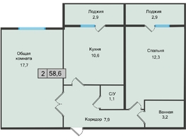 Продается 2-комнатная квартира ЖК Кислород, 1 очередь, 58.6 м², 6153000 рублей