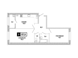 Продается 2-комнатная квартира ЖК Кварталы 17/77, литер 9.3, 57.5  м&sup2;, 7452000 рублей