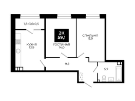 Продается 2-комнатная квартира ЖК Первый, 101.1, 59.1  м², 5112150 рублей