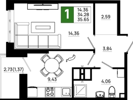Продается 1-комнатная квартира ЖК Октябрь Парк, 4.1, 35.65  м&sup2;, 5026650 рублей