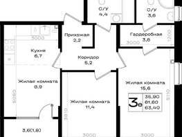 Продается 3-комнатная квартира ЖК Придонье, литер 3.2, 63.4  м&sup2;, 6974000 рублей