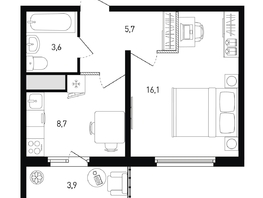Продается 1-комнатная квартира ЖК 5 элемент Аске, лит 5-12 стр.2, сек.3,4,5,6, 35  м&sup2;, 5865510 рублей