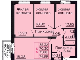Продается 3-комнатная квартира ЖК Вишневый сад, дом 4.1, 71.68  м&sup2;, 9676800 рублей