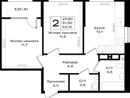 Продается 2-комнатная квартира ЖК Придонье, литер 3.2, 53.1  м&sup2;, 6212700 рублей