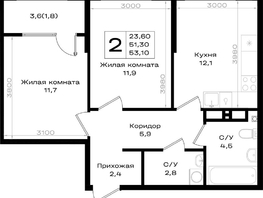Продается 2-комнатная квартира ЖК Придонье, литер 3.2, 53.1  м&sup2;, 6478200 рублей