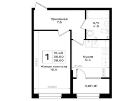 Продается 1-комнатная квартира ЖК Придонье, литер 3.3, 38.6  м&sup2;, 5018000 рублей
