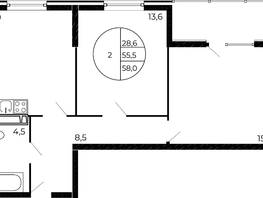 Продается 2-комнатная квартира ЖК Флора, литера 1.1, 58  м², 7540000 рублей