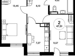 Продается 2-комнатная квартира ЖК Гринсайд, 4.1-4.3, 47.37  м², 6450000 рублей