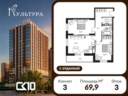 Продается 3-комнатная квартира ЖК Культура, дом 1, 69.88  м&sup2;, 15400000 рублей