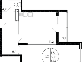 Продается 2-комнатная квартира ЖК Флора, литера 1.3, 52.15 м², 7405300 рублей