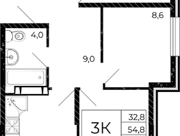 Продается 3-комнатная квартира ЖК Флора, литера 3.1, 56.4 м², 9306000 рублей