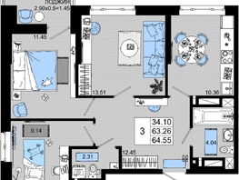 Продается 3-комнатная квартира ЖК Октябрь Парк, 1.2, 64.55  м², 7939650 рублей