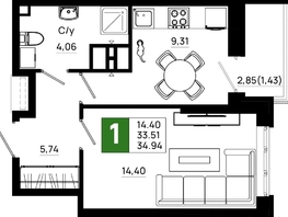Продается 1-комнатная квартира ЖК Октябрь Парк, 4.1, 34.94 м², 4751840 рублей