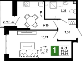 Продается 1-комнатная квартира ЖК Октябрь Парк, 6.1, 36.59 м², 5049420 рублей