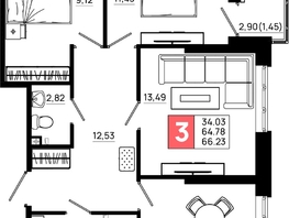 Продается 3-комнатная квартира ЖК Октябрь Парк, 6.1, 66.23  м², 8477440 рублей
