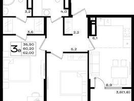 Продается 3-комнатная квартира ЖК Придонье, литер 3.1, 62  м&sup2;, 8060000 рублей
